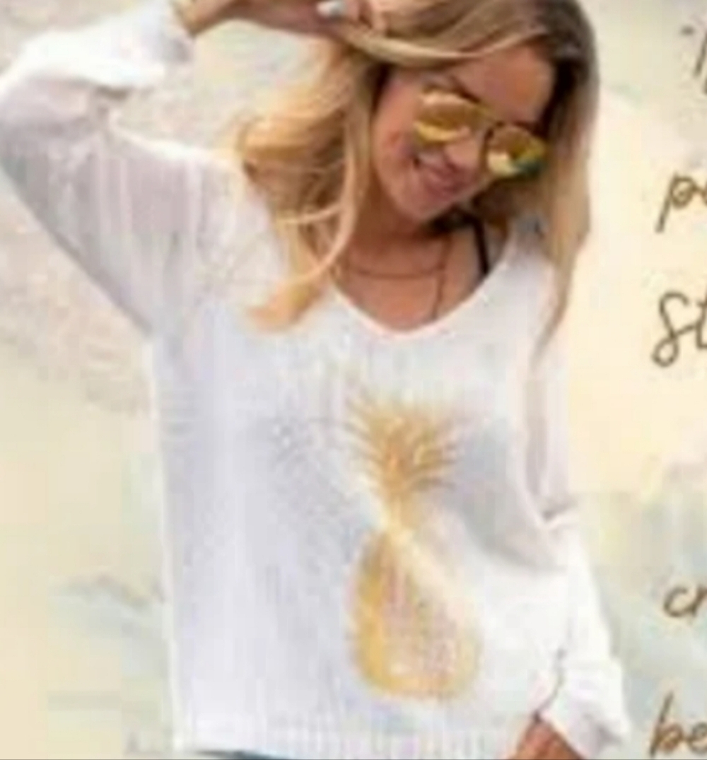 Wooden Ships White Off-Shoulder Sweater with Gold Pineapple